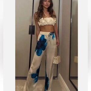 ZARA Floral FLOWY PRINTED Pajama-STYLE TROUSER PANTS ECRU BLUE 2183/242 large